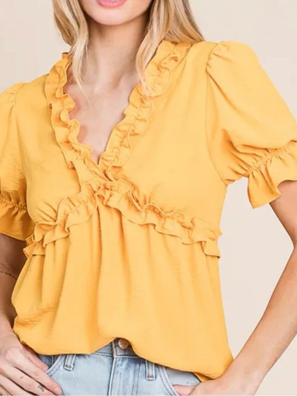NEW OTT Ruffled V-Neck Blouse in Mustard Yellow